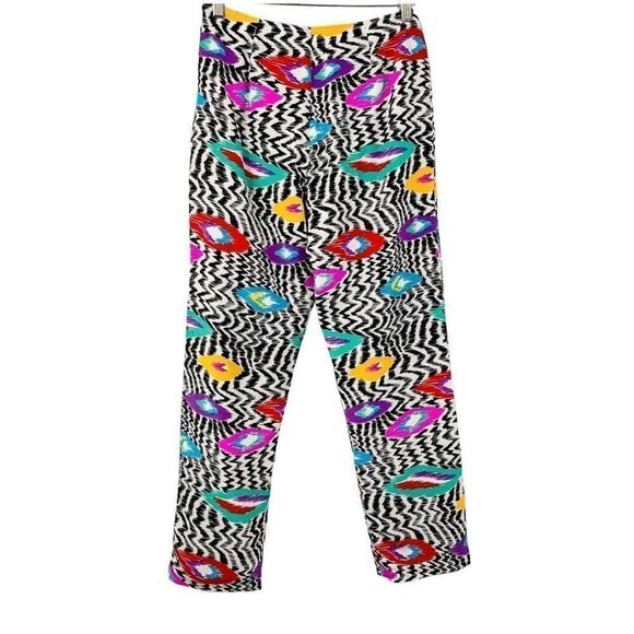 Vintage Pants - Vintage 100% Silk 80s Psychedelic Print High Waisted Cropped Straight Leg Pants